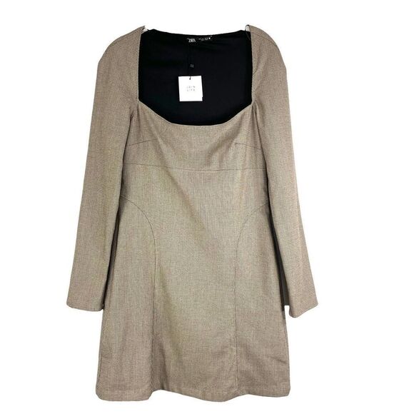 NEW Zara square neck plaid mini dress Sz‎ L school academia - Picture 1 of 9